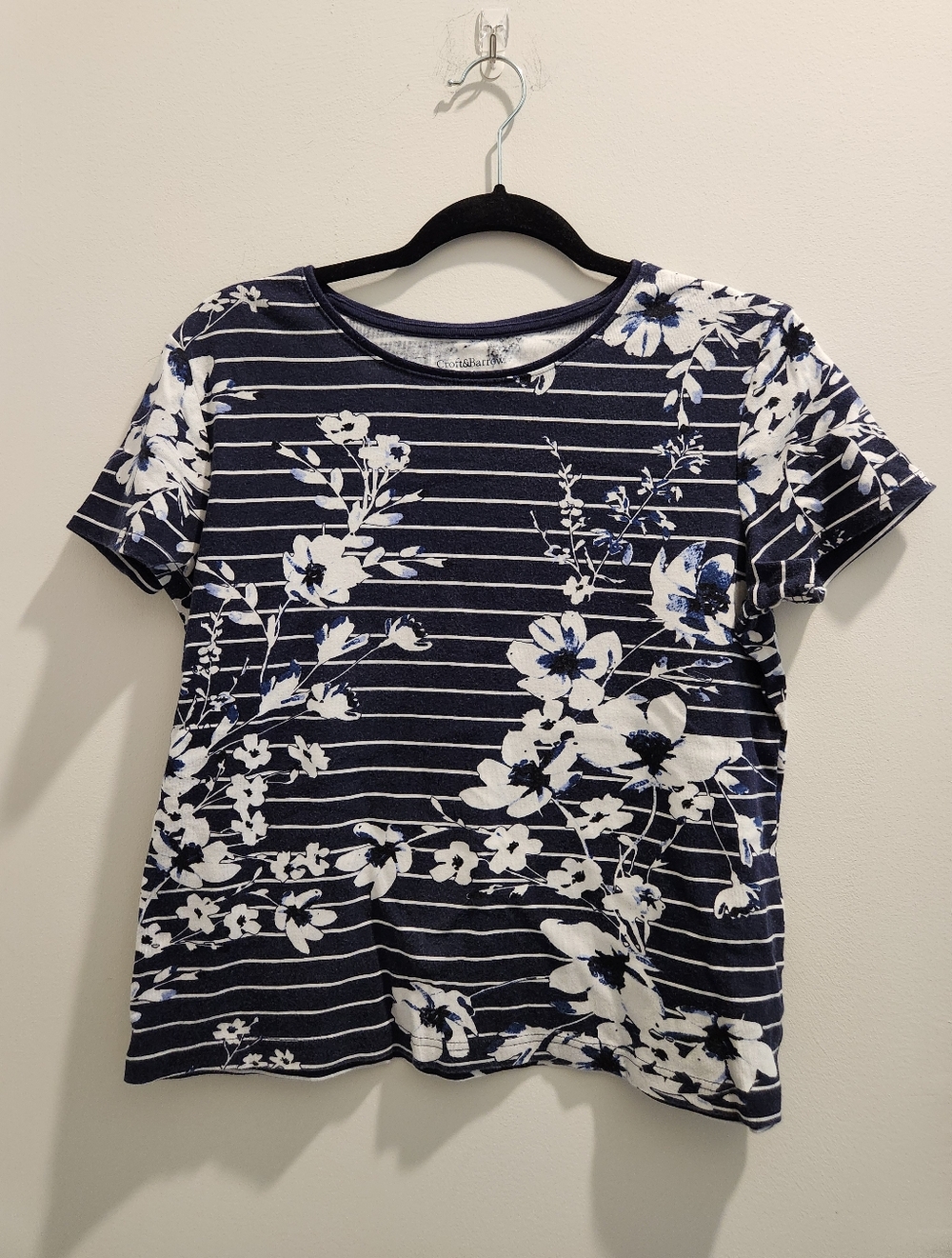 Women's Navy 100% Cotton Floral-Stripe Short Sleeve Top